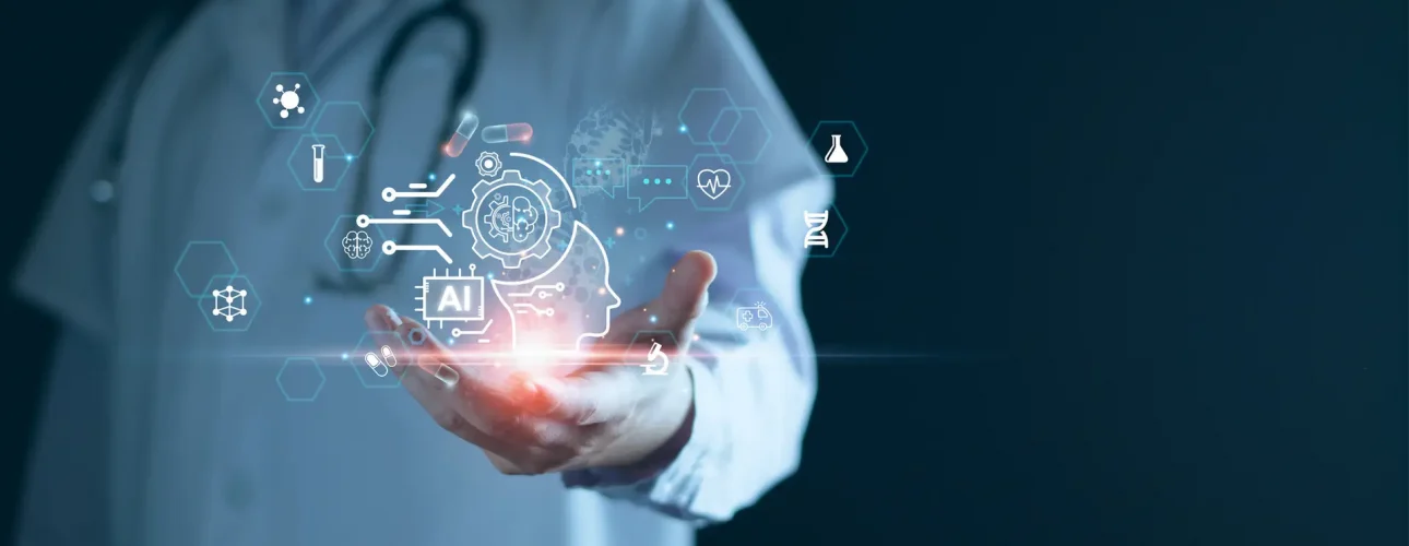 Medical technology, doctor use AI robots for diagnosis, care, and increasing accuracy patient treatment in future. Medical research and development innovation technology to improve patient health.