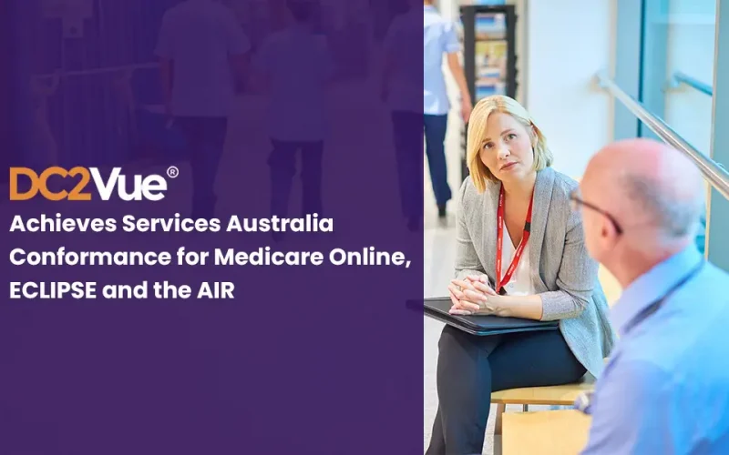 Healthcare professional using DC2Vue digital health platform for Medicare claims and ePrescribing in an Australian hospital setting